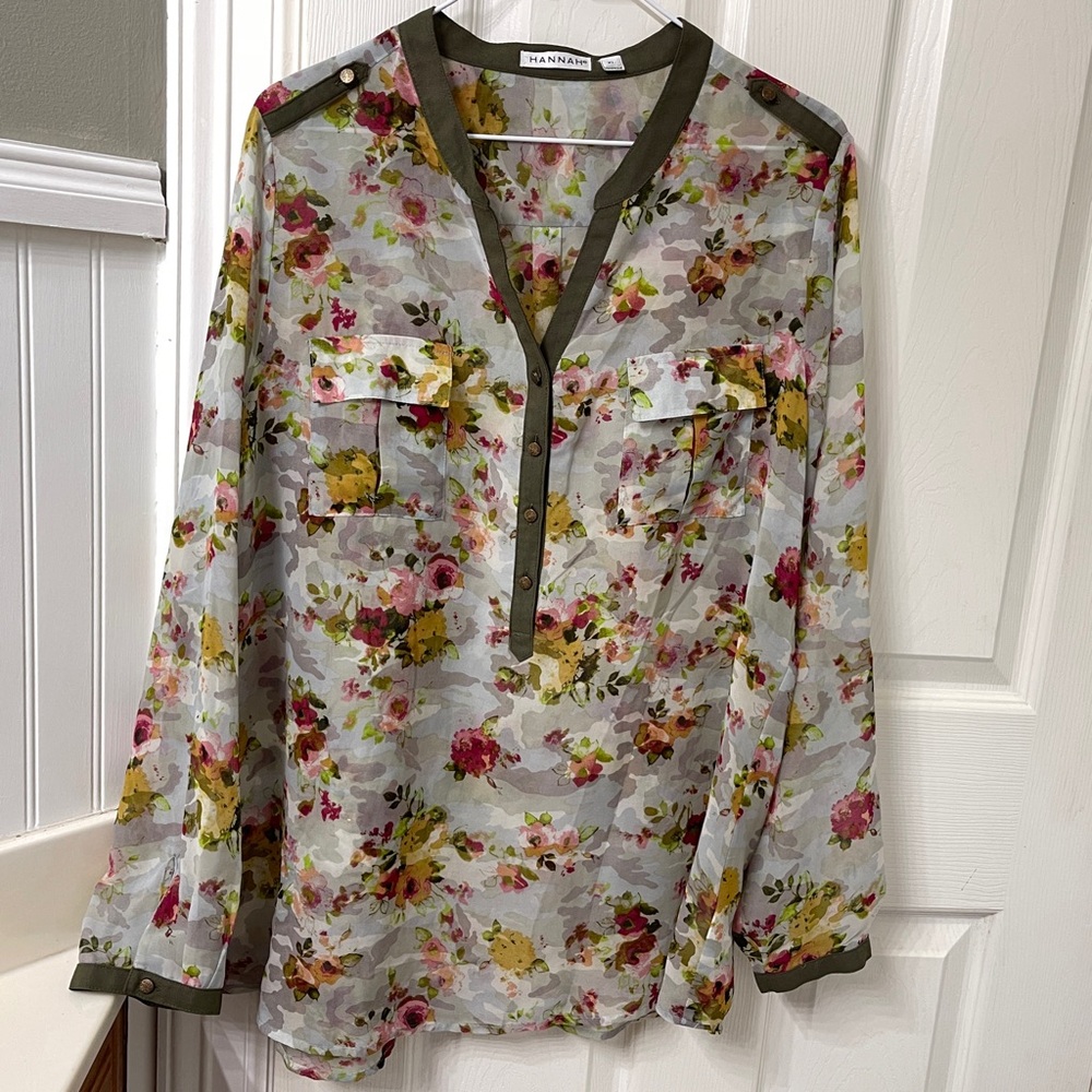 Hannah Floral Sheer Blouse with Olive Accents - Picture 5 of 8